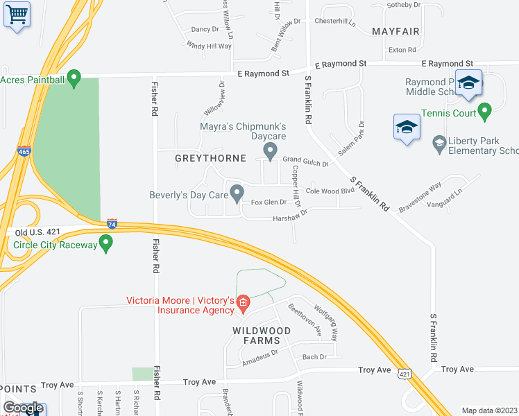 map of restaurants, bars, coffee shops, grocery stores, and more near 7831 Fox Glen Drive in Indianapolis