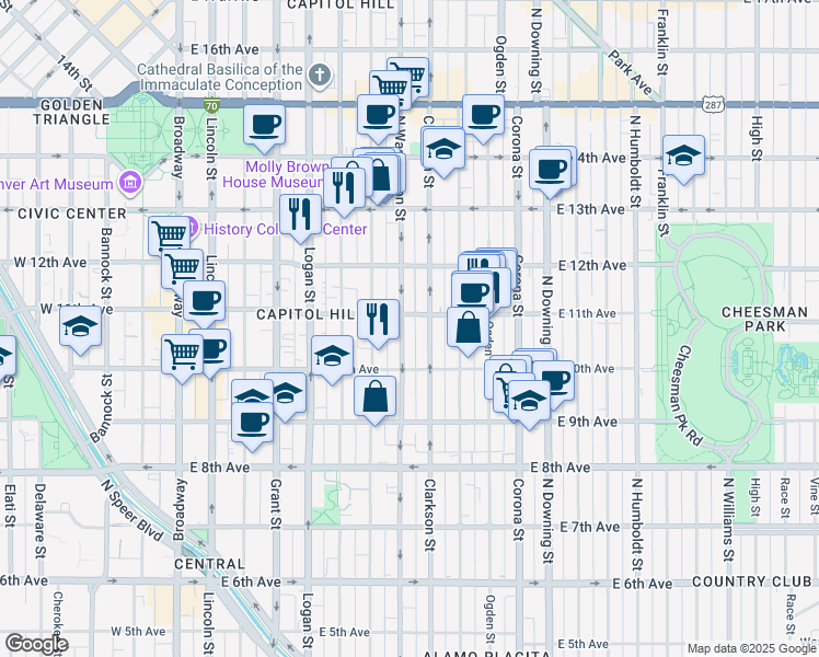 map of restaurants, bars, coffee shops, grocery stores, and more near 1060 Washington Street in Denver