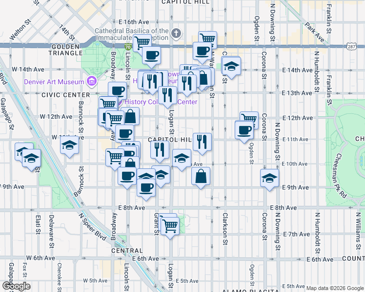 map of restaurants, bars, coffee shops, grocery stores, and more near in Denver
