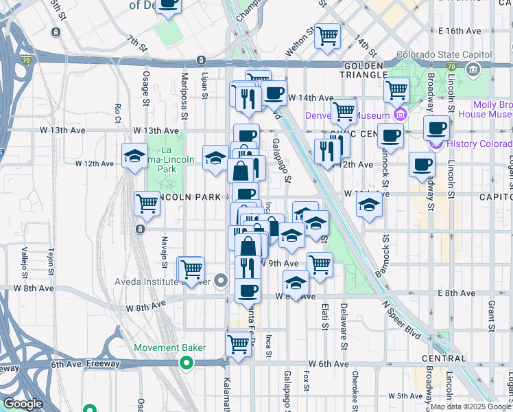 map of restaurants, bars, coffee shops, grocery stores, and more near 1082 Santa Fe Drive in Denver