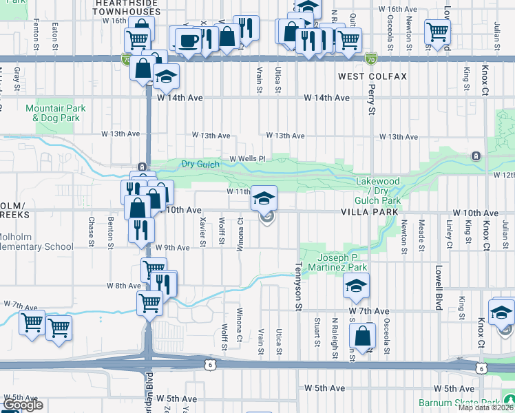 map of restaurants, bars, coffee shops, grocery stores, and more near 4605 West 10th Avenue in Denver