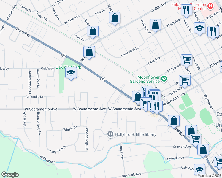 map of restaurants, bars, coffee shops, grocery stores, and more near 1395 Nord Avenue in Chico