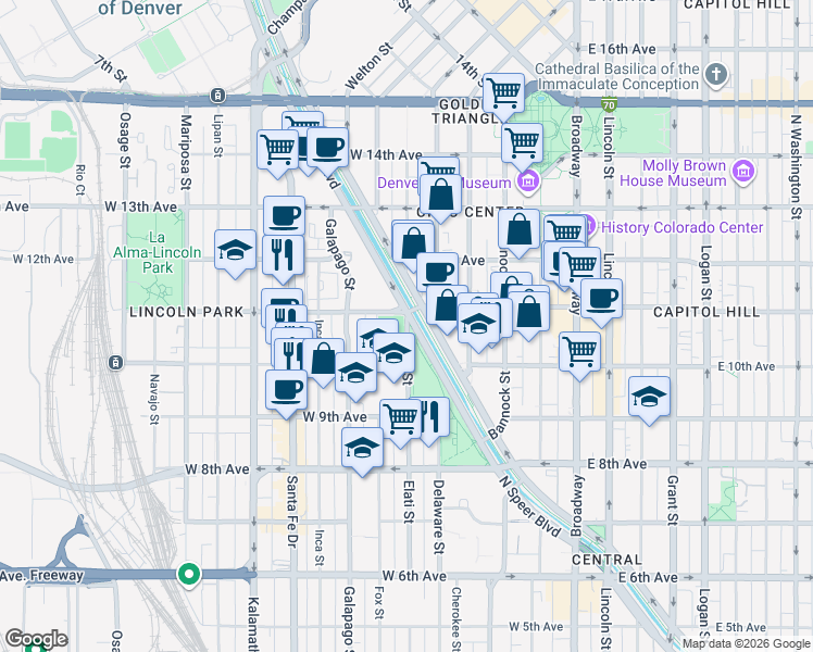 map of restaurants, bars, coffee shops, grocery stores, and more near 918 Elati Street in Denver