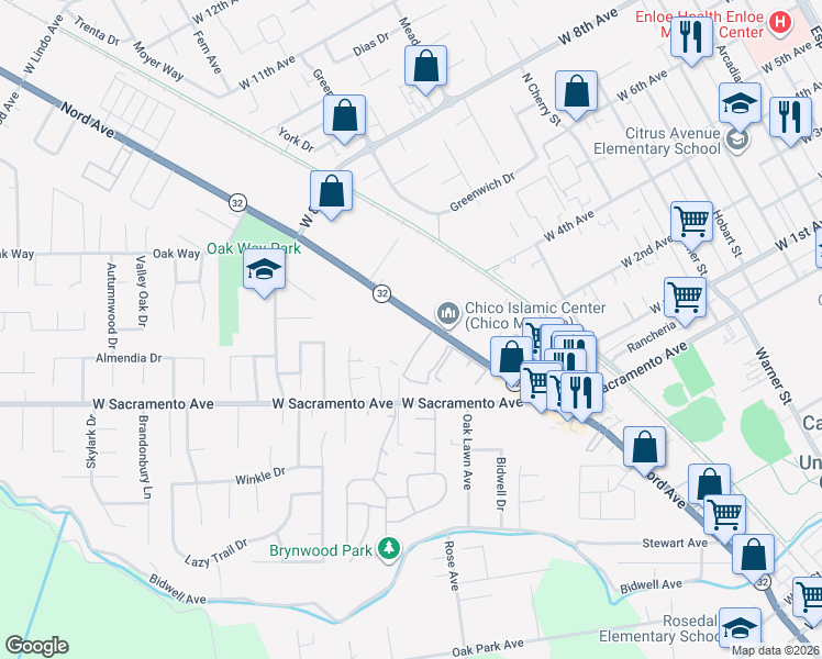 map of restaurants, bars, coffee shops, grocery stores, and more near 1395 Nord Avenue in Chico