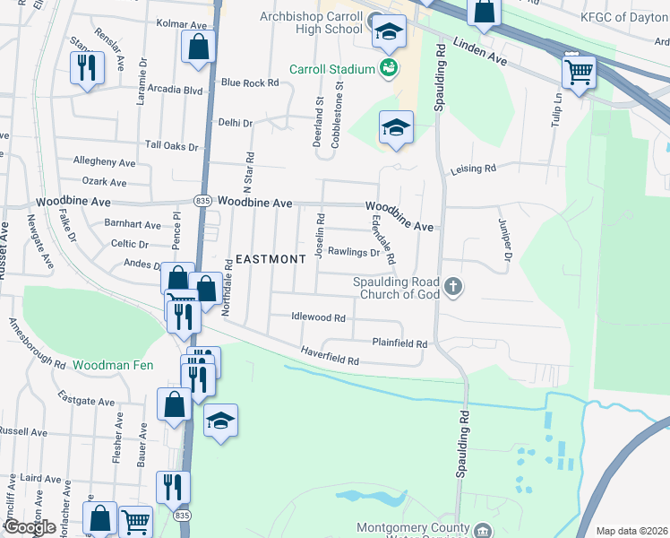 map of restaurants, bars, coffee shops, grocery stores, and more near 5325 Roxford Drive in Dayton