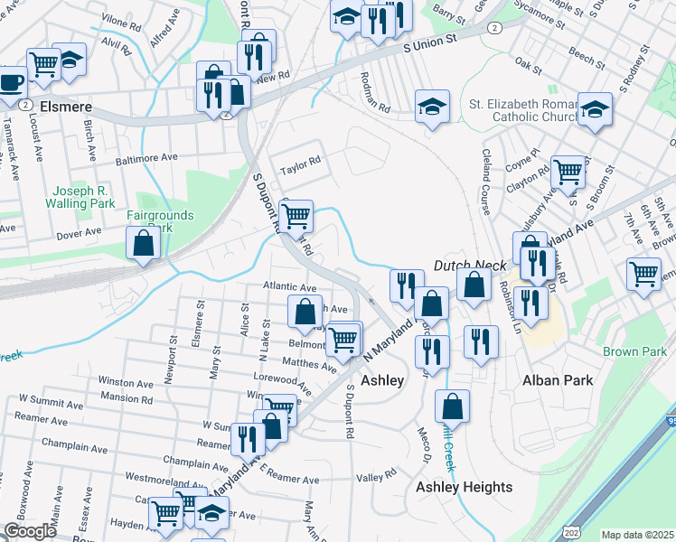 map of restaurants, bars, coffee shops, grocery stores, and more near 704 North Dupont Road in Wilmington
