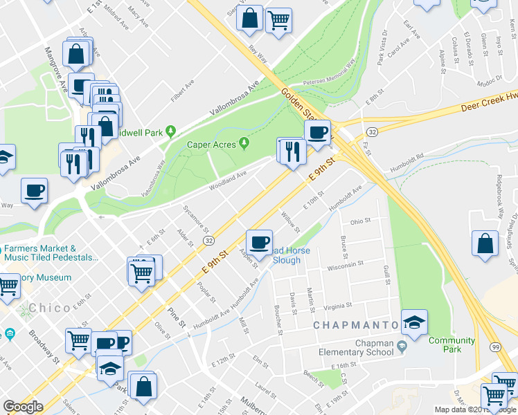 map of restaurants, bars, coffee shops, grocery stores, and more near 1175 East 8th Street in Chico