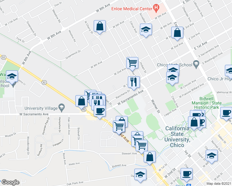 map of restaurants, bars, coffee shops, grocery stores, and more near 739 West 1st Avenue in Chico