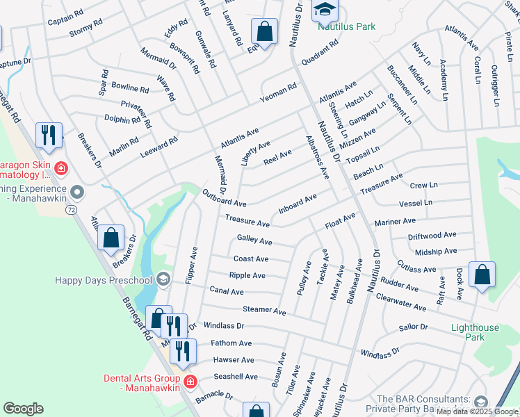 map of restaurants, bars, coffee shops, grocery stores, and more near 207 Outboard Avenue in Stafford Township