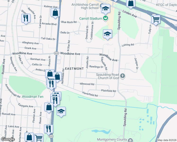 map of restaurants, bars, coffee shops, grocery stores, and more near 5325 Roxford Drive in Dayton
