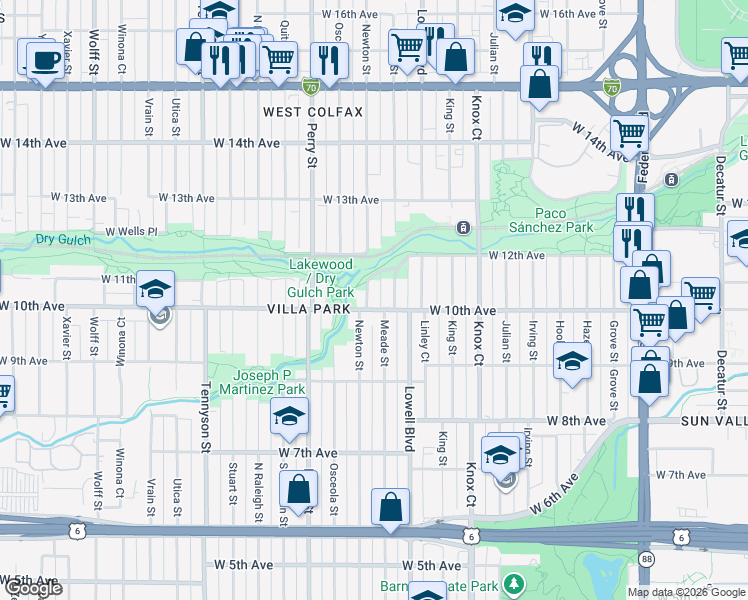 map of restaurants, bars, coffee shops, grocery stores, and more near 1035 Meade Street in Denver