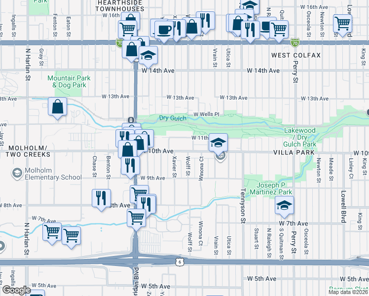 map of restaurants, bars, coffee shops, grocery stores, and more near 4843 West 10th Avenue in Denver