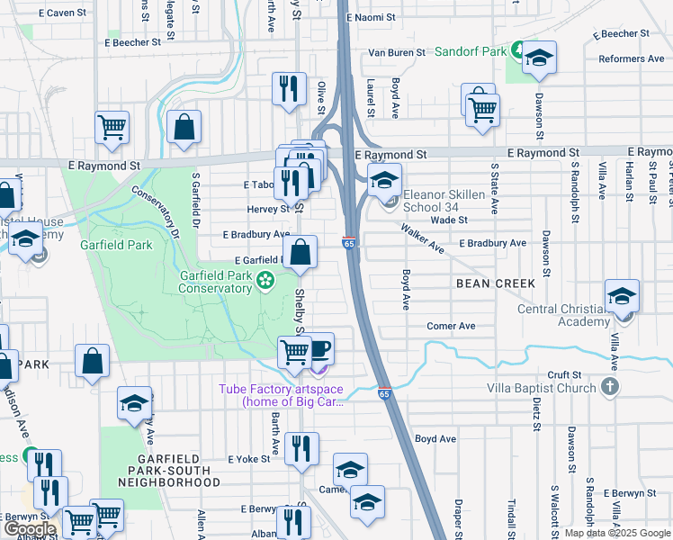 map of restaurants, bars, coffee shops, grocery stores, and more near 1218 Finley Avenue in Indianapolis