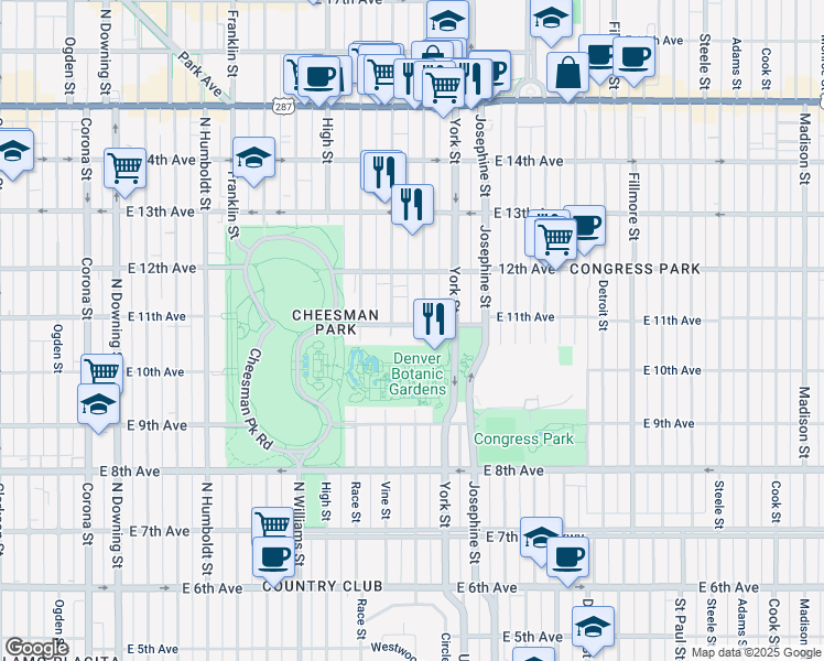 map of restaurants, bars, coffee shops, grocery stores, and more near 2190 East 11th Avenue in Denver
