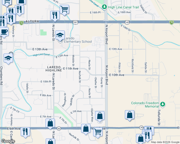 map of restaurants, bars, coffee shops, grocery stores, and more near 1109 Nucla Street in Aurora