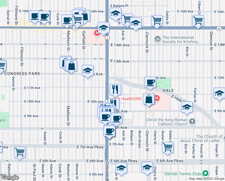 map of restaurants, bars, coffee shops, grocery stores, and more near 1145 Albion Street in Denver