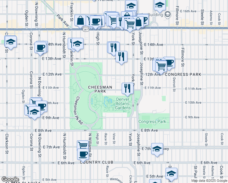 map of restaurants, bars, coffee shops, grocery stores, and more near 2027 East 11th Avenue in Denver
