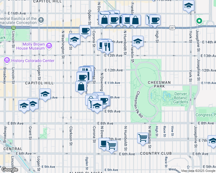 map of restaurants, bars, coffee shops, grocery stores, and more near 1316 East 11th Avenue in Denver