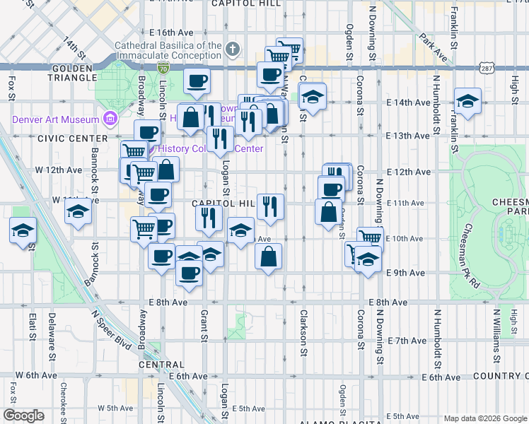 map of restaurants, bars, coffee shops, grocery stores, and more near in Denver