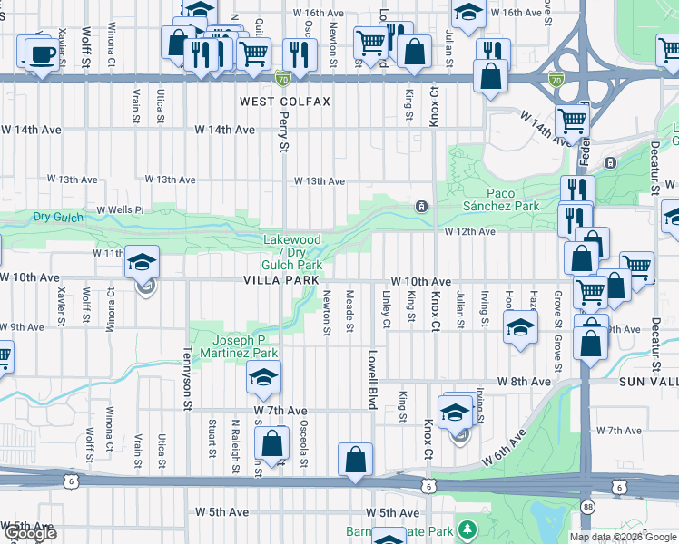 map of restaurants, bars, coffee shops, grocery stores, and more near 1035 Meade Street in Denver