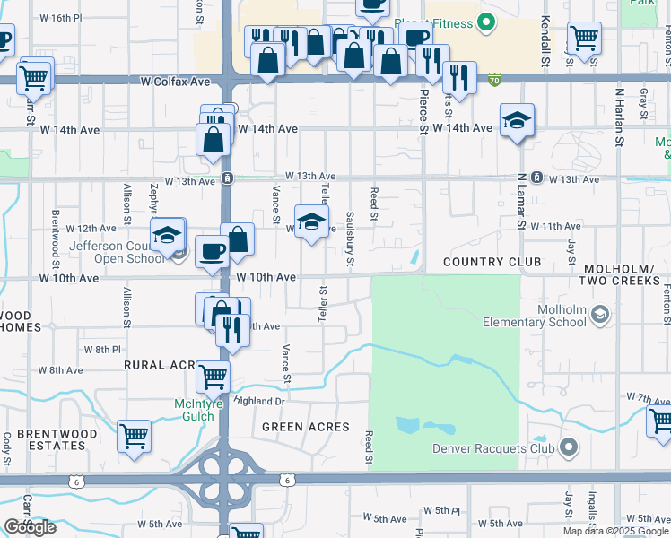 map of restaurants, bars, coffee shops, grocery stores, and more near 7171 West 10th Avenue in Lakewood