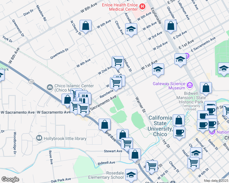 map of restaurants, bars, coffee shops, grocery stores, and more near 613 Rancheria Drive in Chico