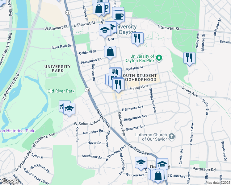 map of restaurants, bars, coffee shops, grocery stores, and more near 203 Irving Avenue in Dayton