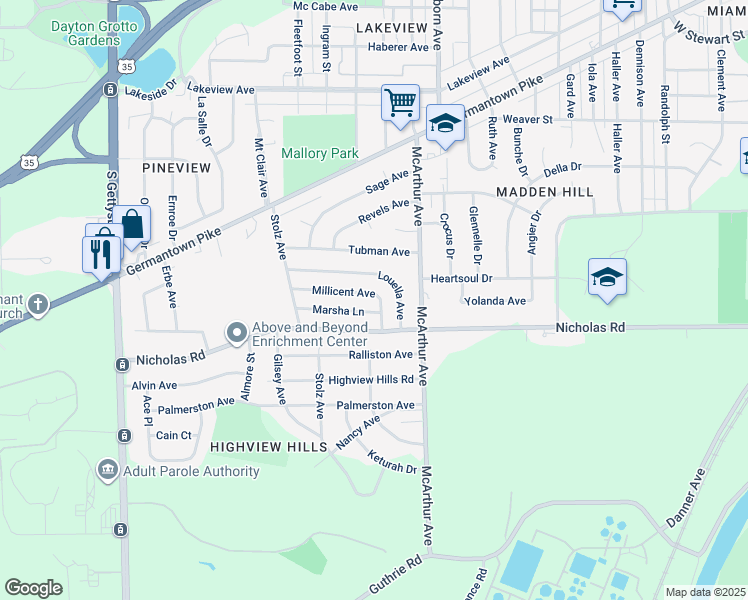 map of restaurants, bars, coffee shops, grocery stores, and more near 2841 Millicent Avenue in Dayton