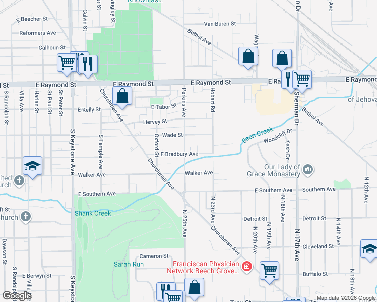 map of restaurants, bars, coffee shops, grocery stores, and more near 3120 East Bradbury Avenue in Indianapolis