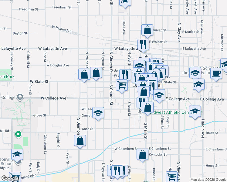 map of restaurants, bars, coffee shops, grocery stores, and more near 200-298 South Church Street in Jacksonville