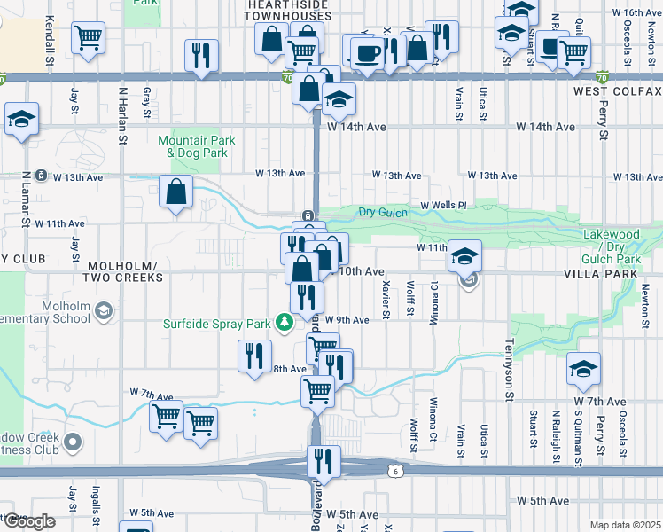 map of restaurants, bars, coffee shops, grocery stores, and more near 5171 West 10th Avenue in Denver