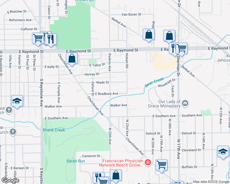 map of restaurants, bars, coffee shops, grocery stores, and more near 3120 East Bradbury Avenue in Indianapolis