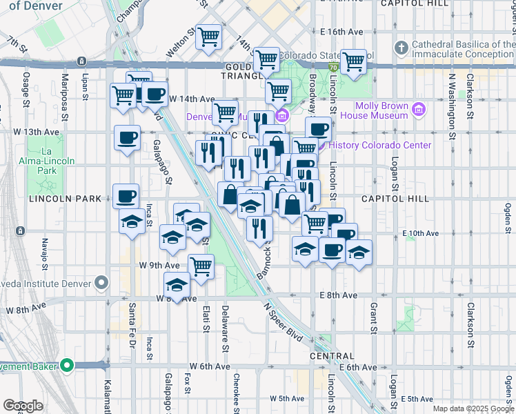map of restaurants, bars, coffee shops, grocery stores, and more near in Denver