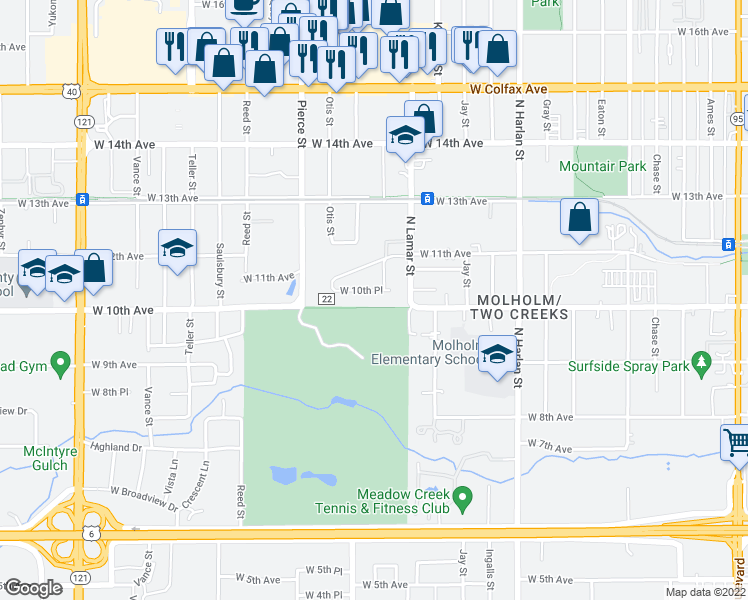 map of restaurants, bars, coffee shops, grocery stores, and more near 6530 West 10th Place in Lakewood