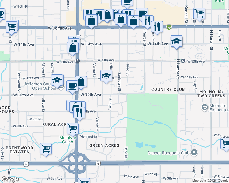 map of restaurants, bars, coffee shops, grocery stores, and more near 7171 West 10th Avenue in Lakewood