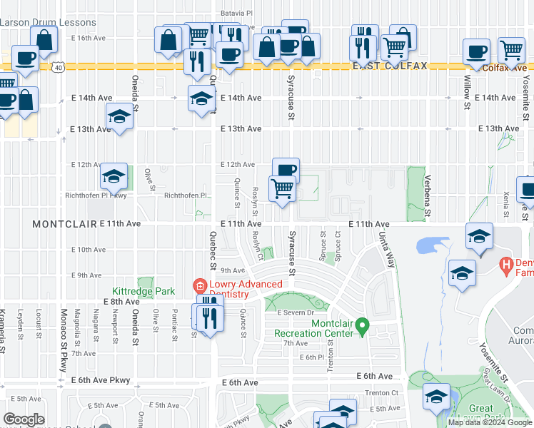 map of restaurants, bars, coffee shops, grocery stores, and more near 1115 Rosemary Street in Denver