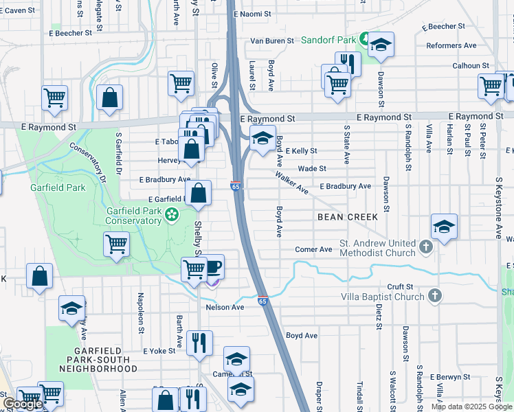 map of restaurants, bars, coffee shops, grocery stores, and more near 1406 Finley Avenue in Indianapolis