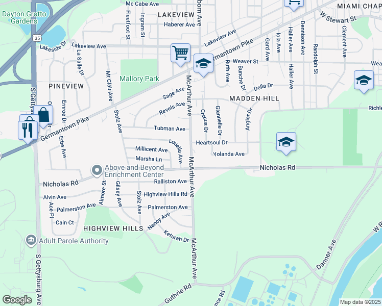 map of restaurants, bars, coffee shops, grocery stores, and more near 1440 McArthur Avenue in Dayton