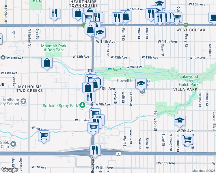 map of restaurants, bars, coffee shops, grocery stores, and more near 5025 West 10th Avenue in Denver