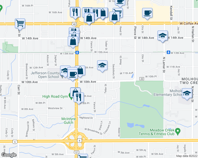 map of restaurants, bars, coffee shops, grocery stores, and more near 1020 Upham St in Denver