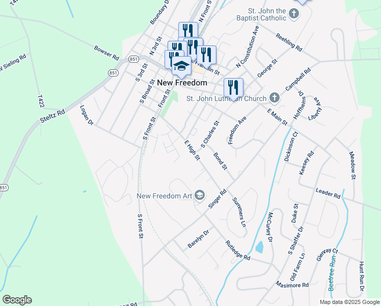 map of restaurants, bars, coffee shops, grocery stores, and more near 80 East High Street in New Freedom