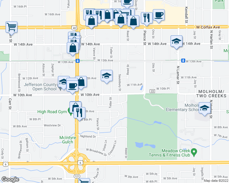 map of restaurants, bars, coffee shops, grocery stores, and more near 7171 West 10th Avenue in Lakewood