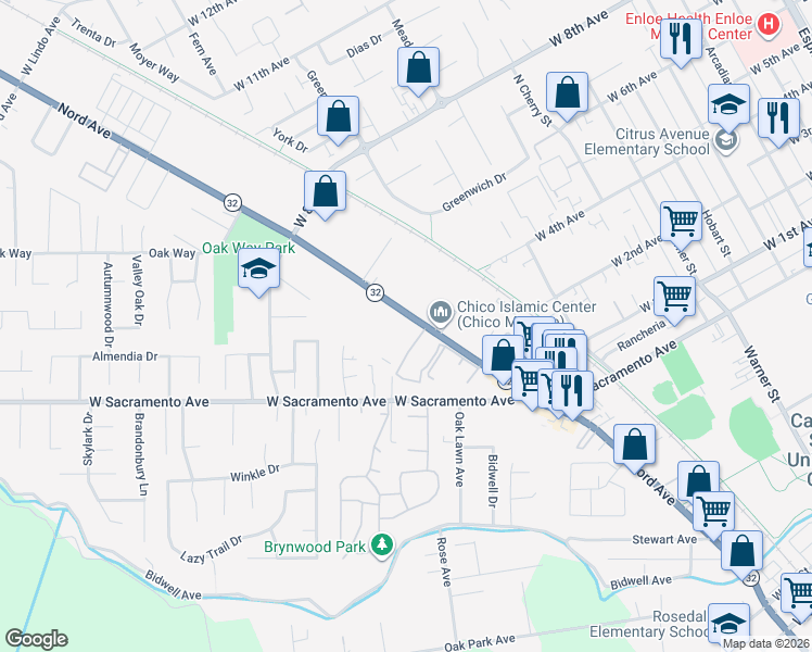 map of restaurants, bars, coffee shops, grocery stores, and more near 1397 Nord Avenue in Chico