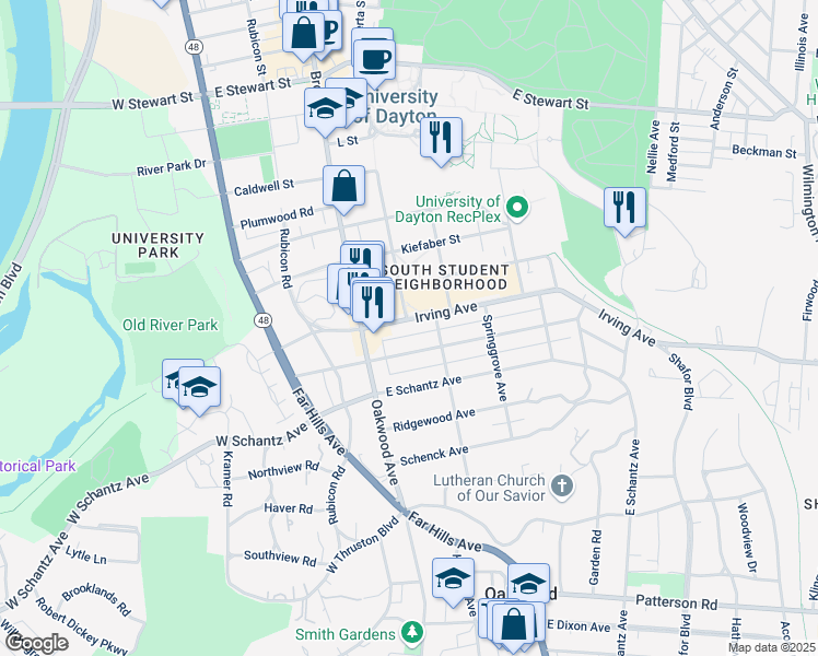 map of restaurants, bars, coffee shops, grocery stores, and more near 246 Irving Avenue in Dayton