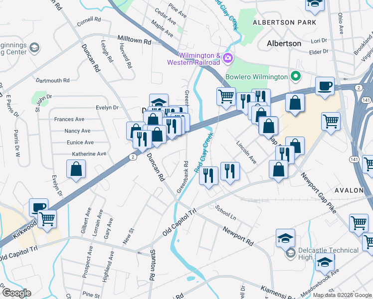 map of restaurants, bars, coffee shops, grocery stores, and more near 901 Greenbank Road in Wilmington