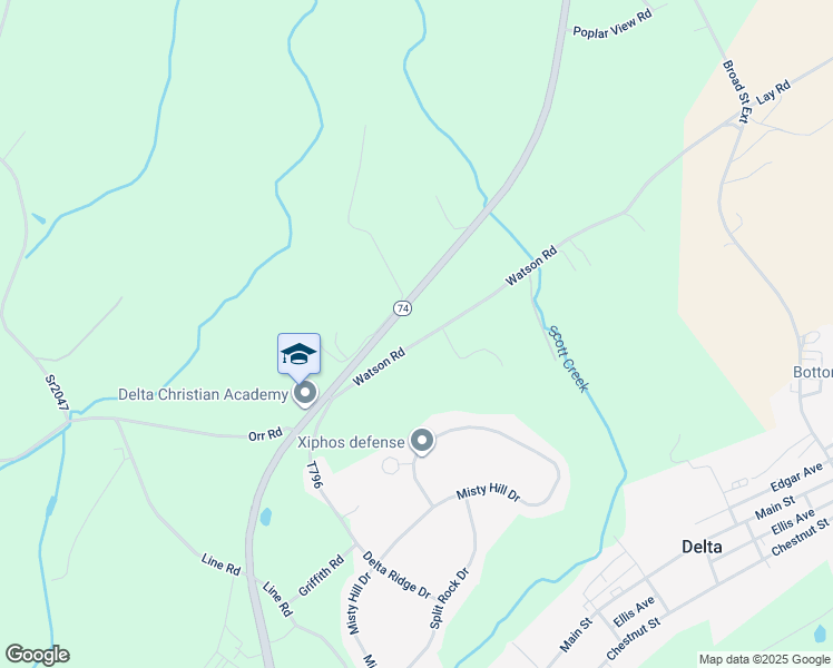 map of restaurants, bars, coffee shops, grocery stores, and more near 105 Watson Road in Delta