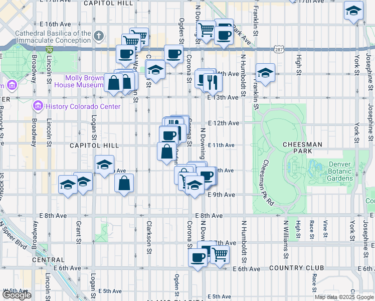map of restaurants, bars, coffee shops, grocery stores, and more near 1075 Corona Street in Denver