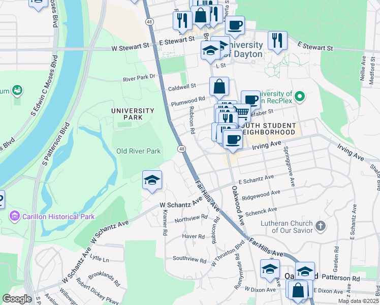 map of restaurants, bars, coffee shops, grocery stores, and more near 1139 Rubicon Road in Dayton