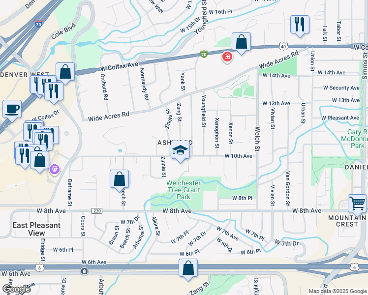 map of restaurants, bars, coffee shops, grocery stores, and more near 1010 Zang Street in Golden
