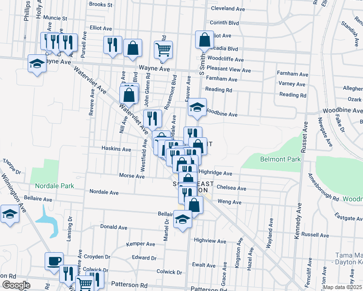 map of restaurants, bars, coffee shops, grocery stores, and more near 2317 Fauver Avenue in Dayton